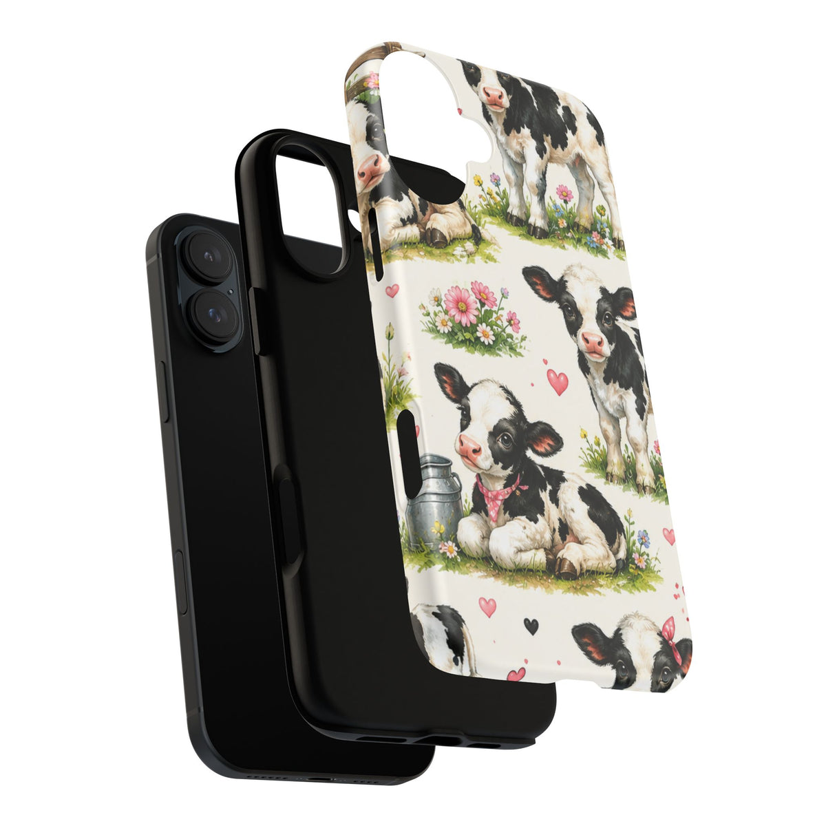 Cute Calf Pattern Phone Case – Pastel Cow Hearts & Flowers Protective Cover