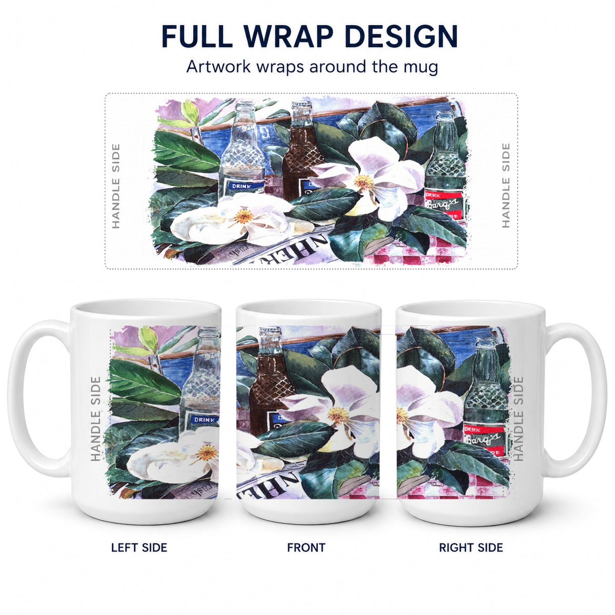 Barq's and Magnolia Ceramic Coffee Mug 15 oz Decorative Large C Handle Mug Cup for Tea, Cocoa Hot Chocolate
