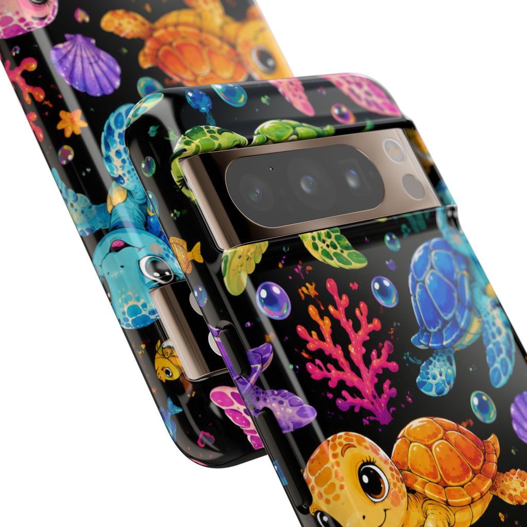 Phone Case — Colorful Cute Sea Turtles on Black (Protective Smartphone Cover)