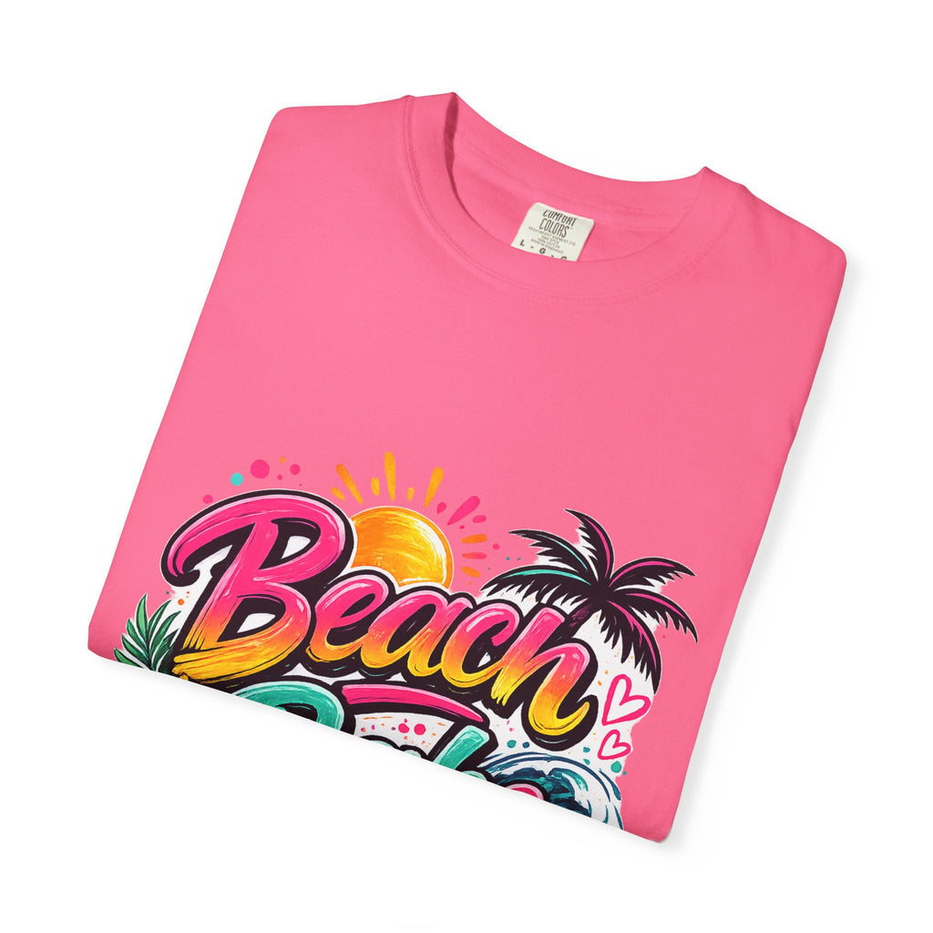 Beach Babe T-shirt | Tropical Palm Hibiscus Sunset Design