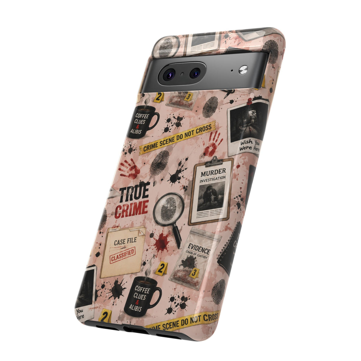 True Crime Pattern Phone Case – Detective Evidence, Crime Scene Tape & 'True Crime' Design