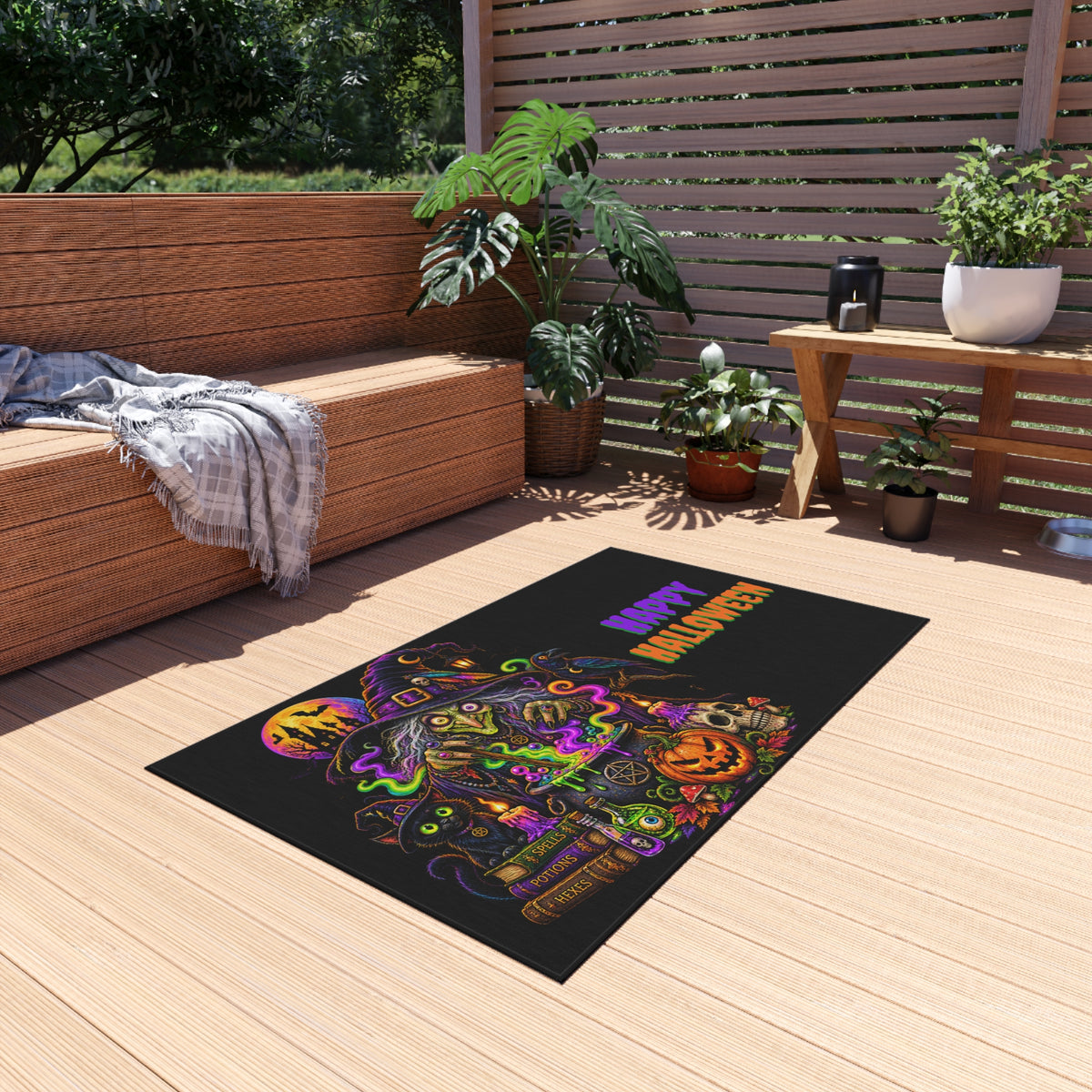 Halloween Witch Outdoor Rug — "Happy Halloween" Spooky Porch Mat
