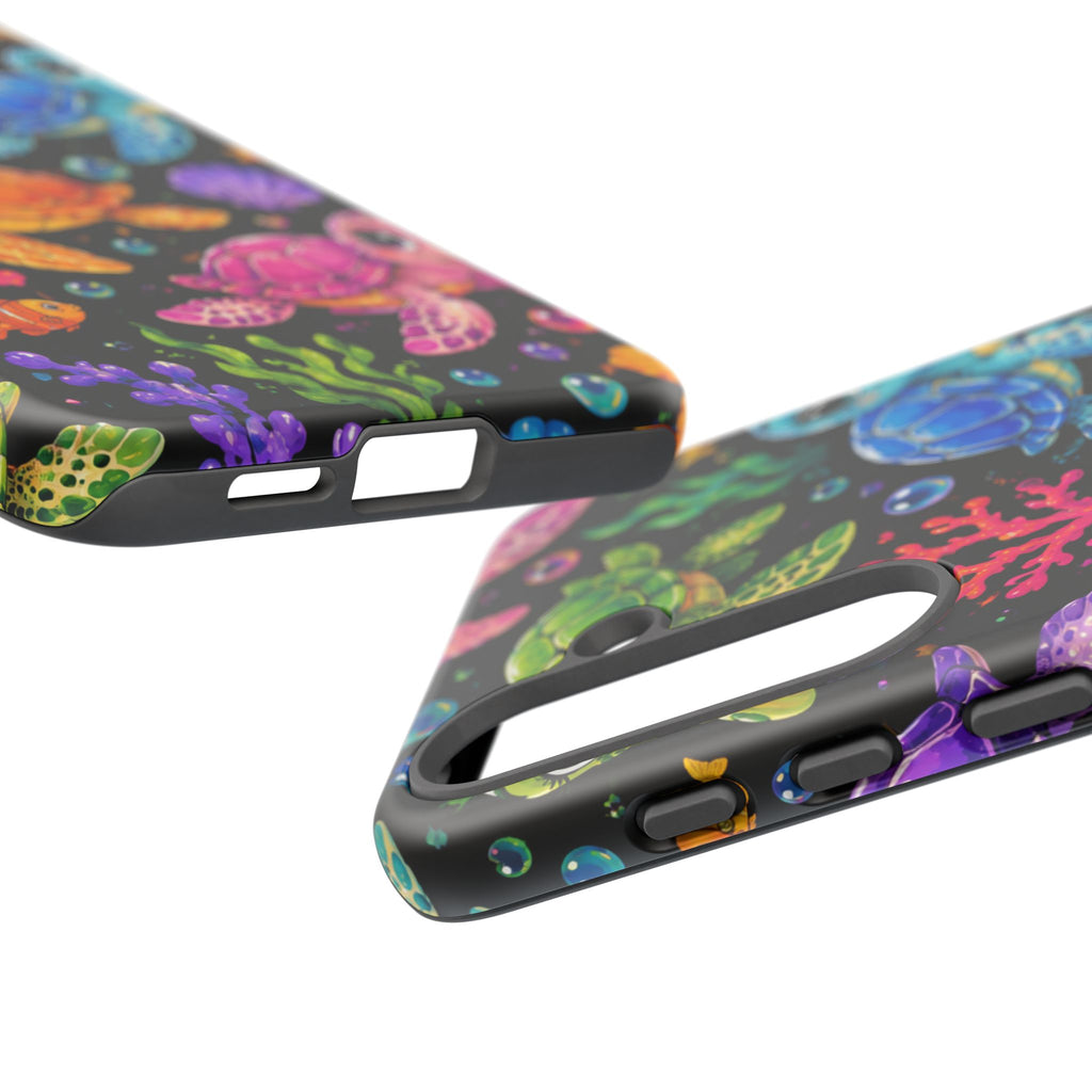 Phone Case — Colorful Cute Sea Turtles on Black (Protective Smartphone Cover)