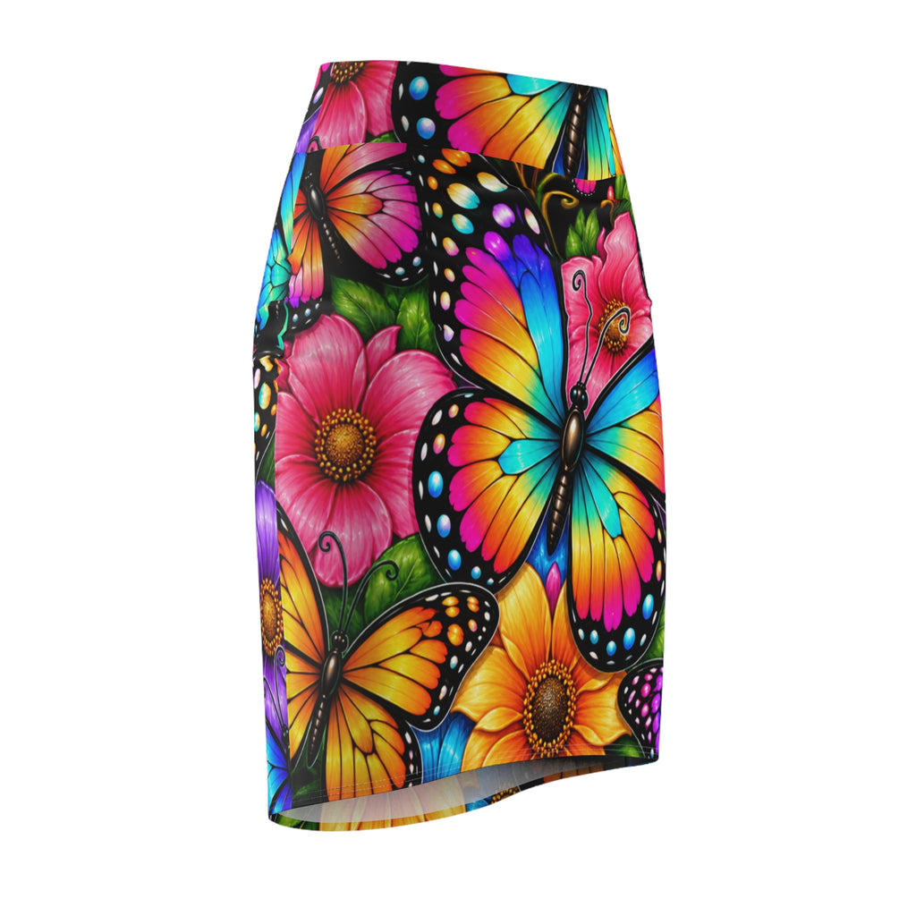 Vibrant Butterfly Floral Pencil Skirt — Colorful All-Over Print