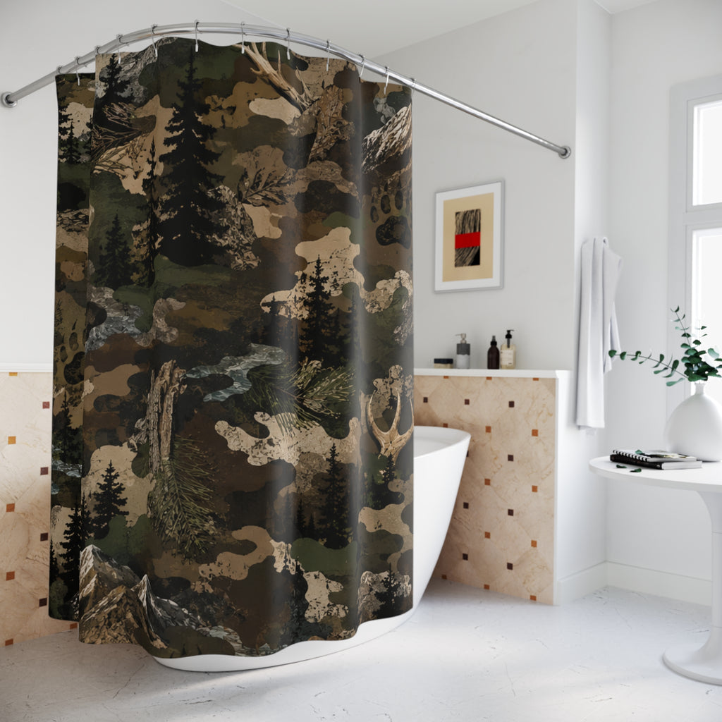 Camo Wilderness Shower Curtain — Mountain & Pine Forest Camouflage Bathroom Decor