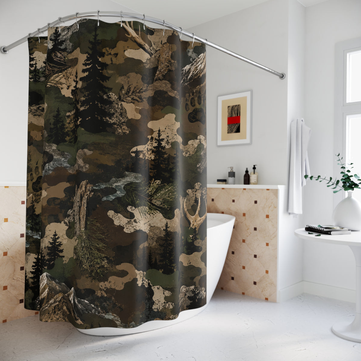 Camo Wilderness Shower Curtain — Mountain & Pine Forest Camouflage Bathroom Decor