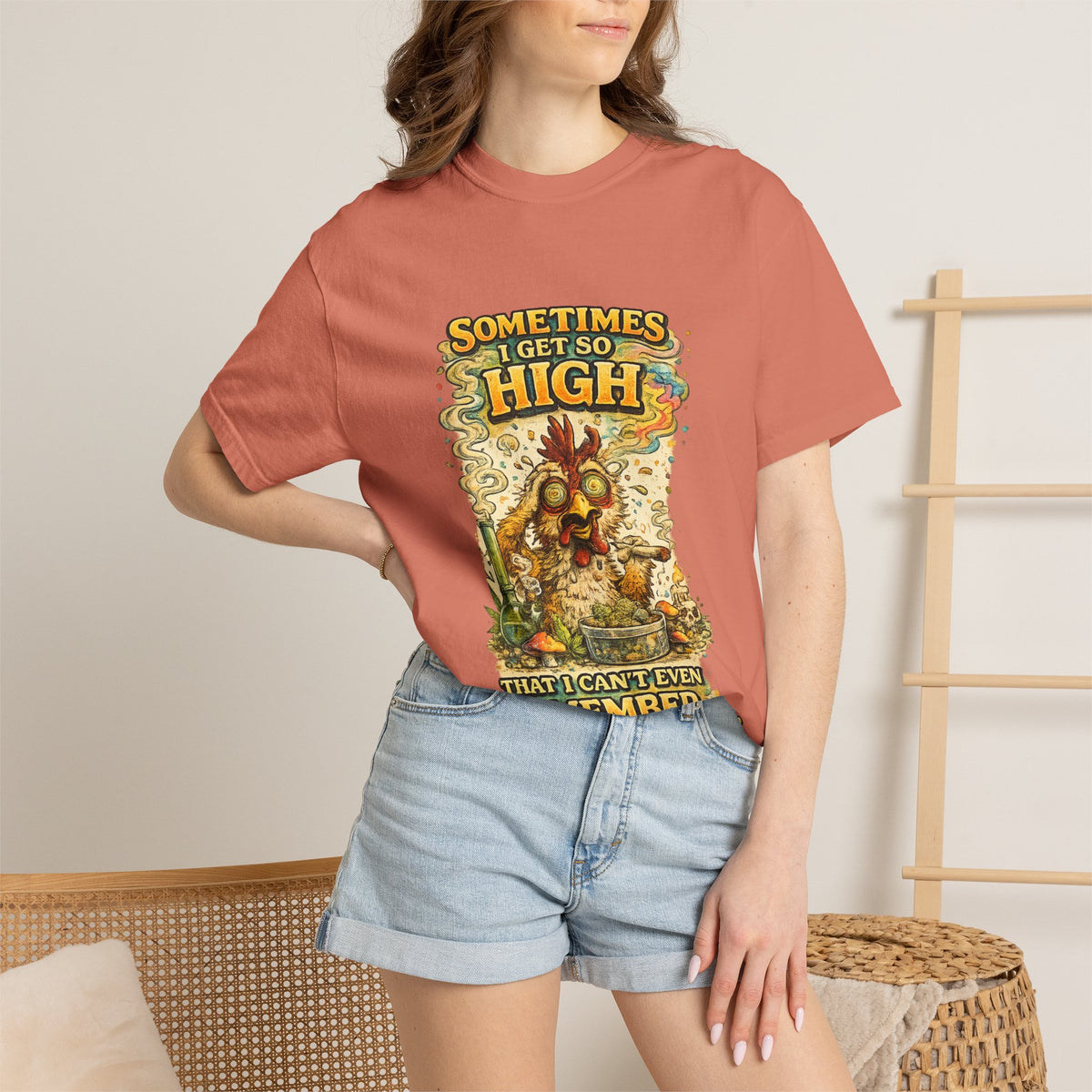 Sometimes I Get So High chicken illustration T-shirt | psychedelic farm design