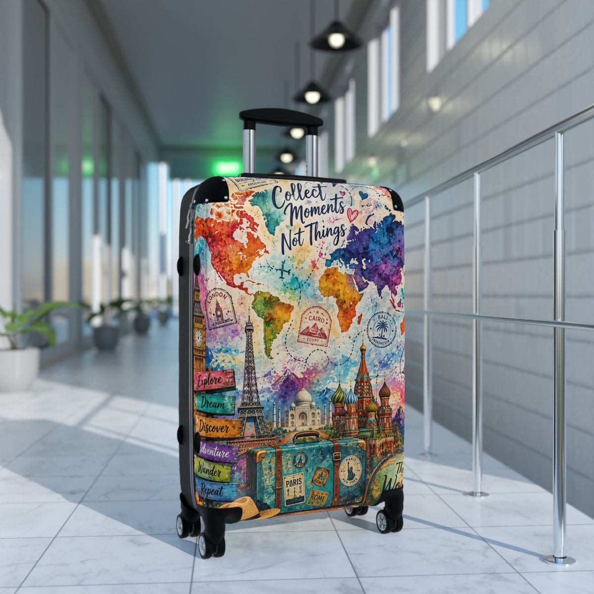 Collect Moments Not Things Suitcase – Colorful World Map Travel Luggage