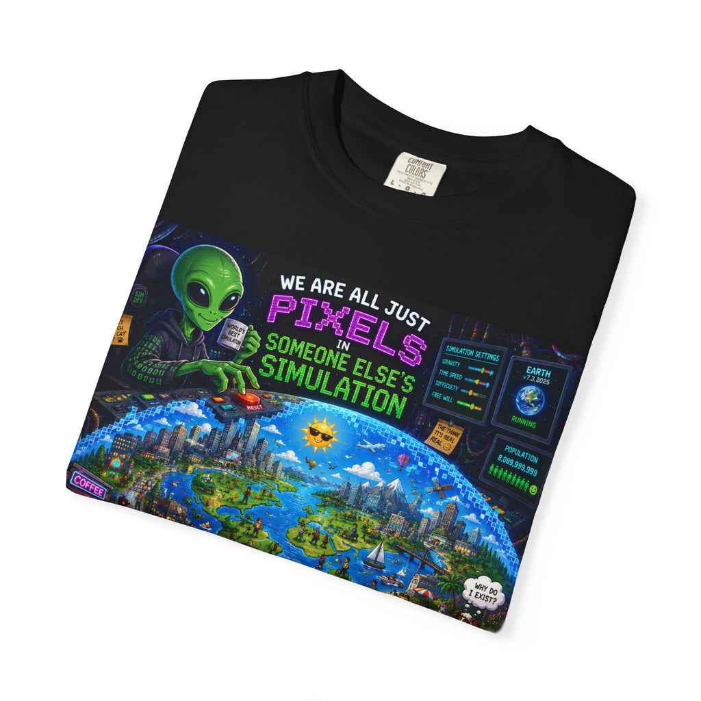 Pixels Simulation T-shirt | Alien, Retro Video Game City, Glitch Art
