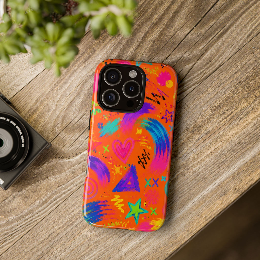 Colorful Neon Doodle Phone Case — Bright Abstract Stars & Hearts Tough Case