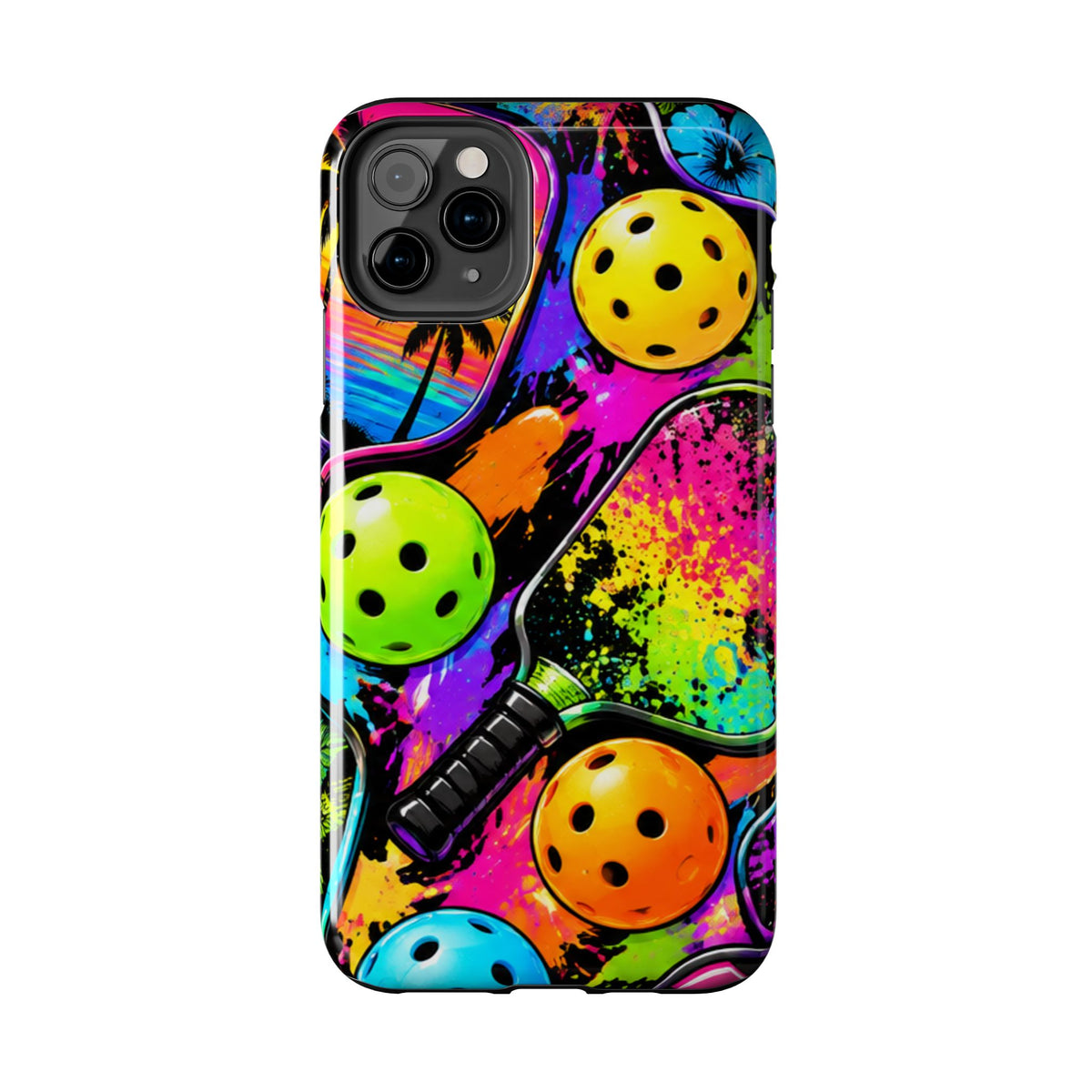 Pickleball Splash Tough Phone Case — Neon Paddle & Ball Protective Cover