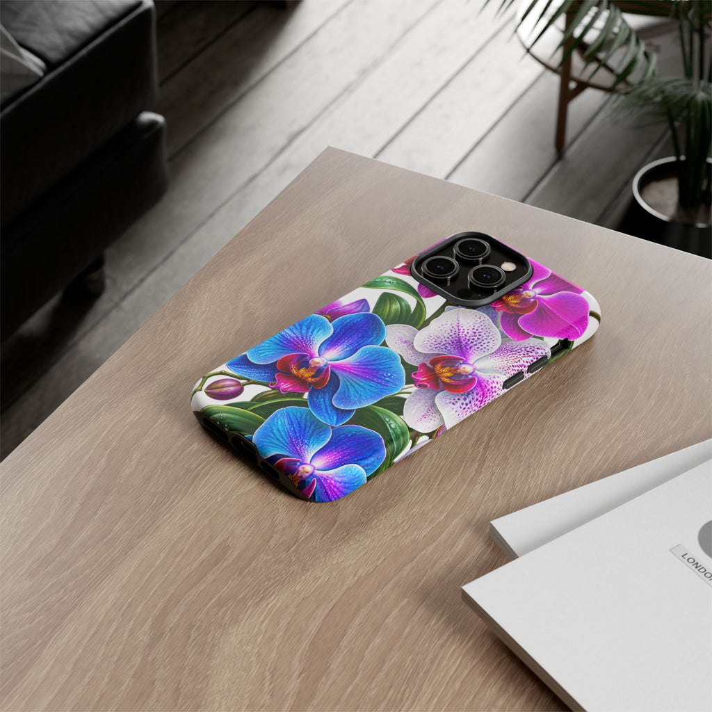 Orchid Floral Tough Phone Case – Vibrant Blue & Pink Orchid Protective Cover