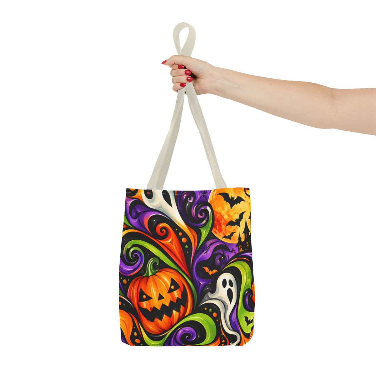 Halloween Swirl Tote Bag — Colorful Pumpkin & Ghost Trick-or-Treat Tote