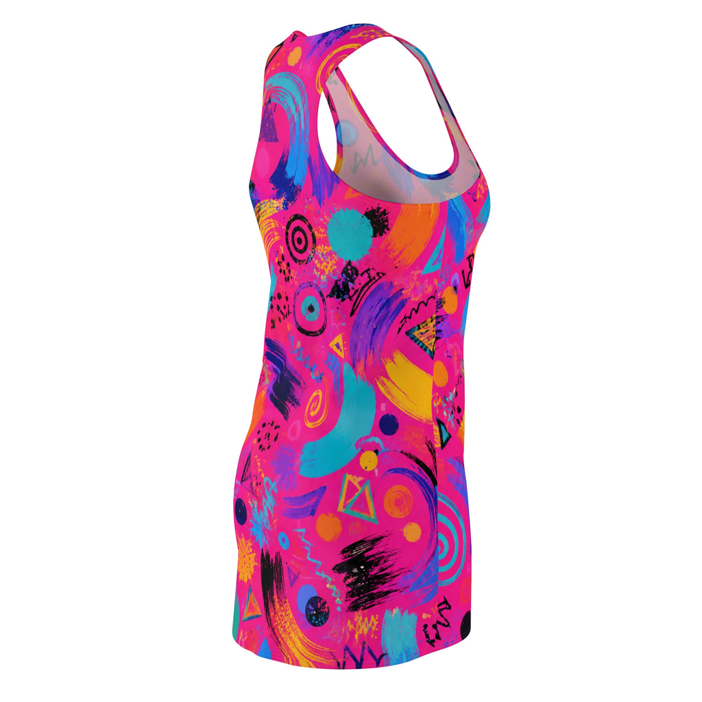 Neon Abstract Racerback Dress — Bright 80s Retro All-Over Print