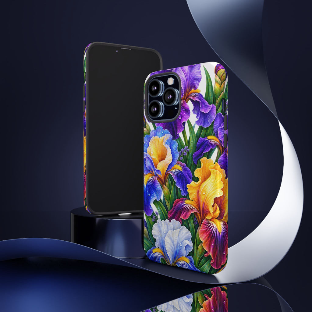 Floral Iris Tough Phone Case — Colorful Watercolor Iris Protective Cover