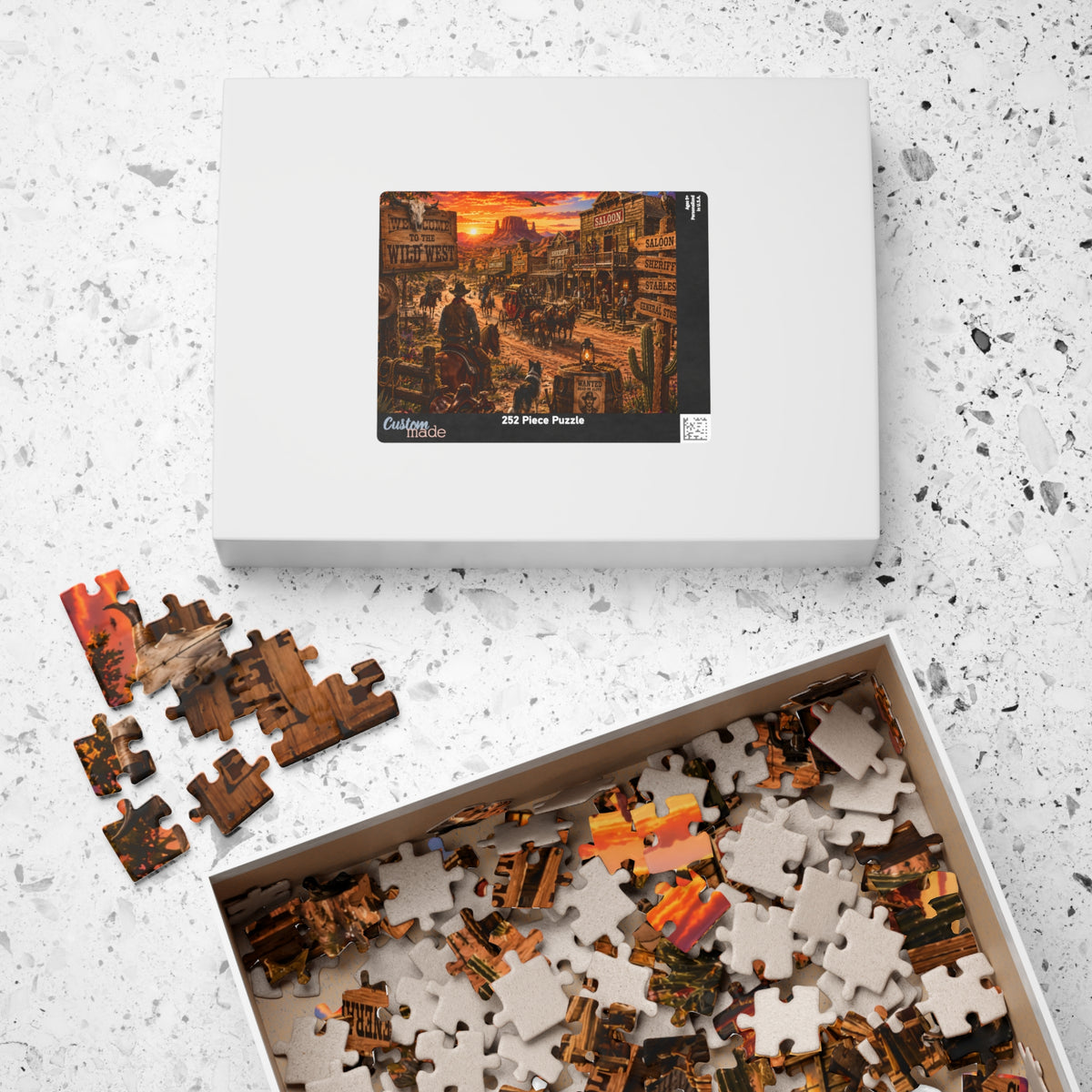 Wild West Saloon Jigsaw Puzzle — Vintage Cowboy Town Sunset (110/252/520/1014 pcs)