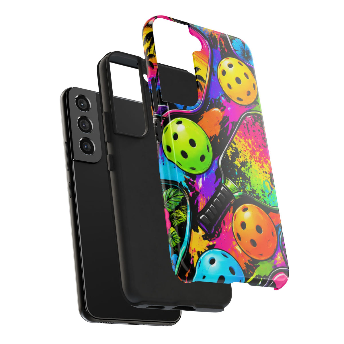 Pickleball Splash Tough Phone Case — Neon Paddle & Ball Protective Cover