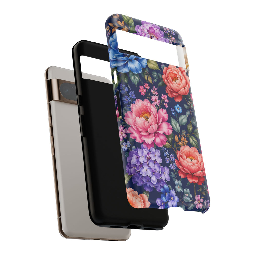 Floral Tough Phone Case – Vibrant Garden Flowers on Navy