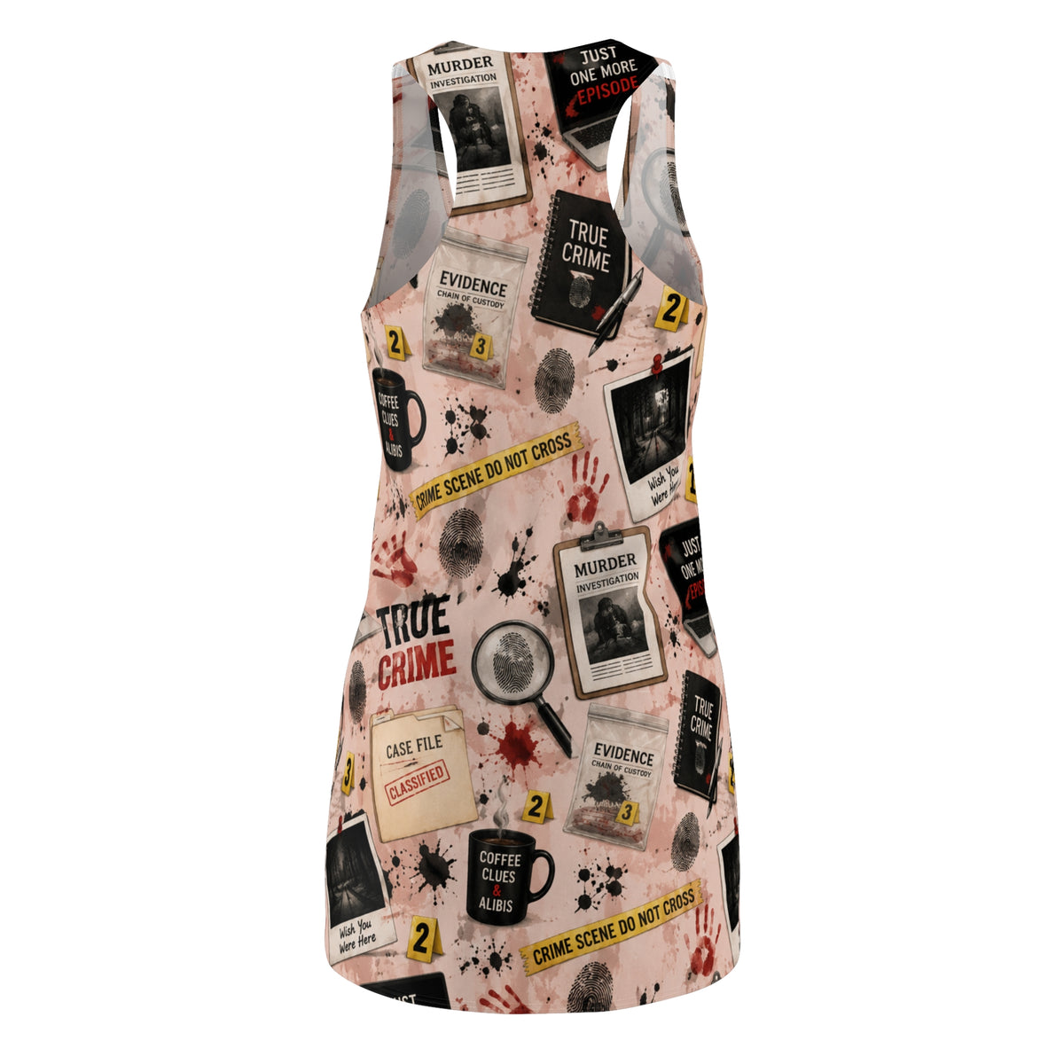 True Crime Racerback Dress — All-Over Print Detective & Evidence Pattern