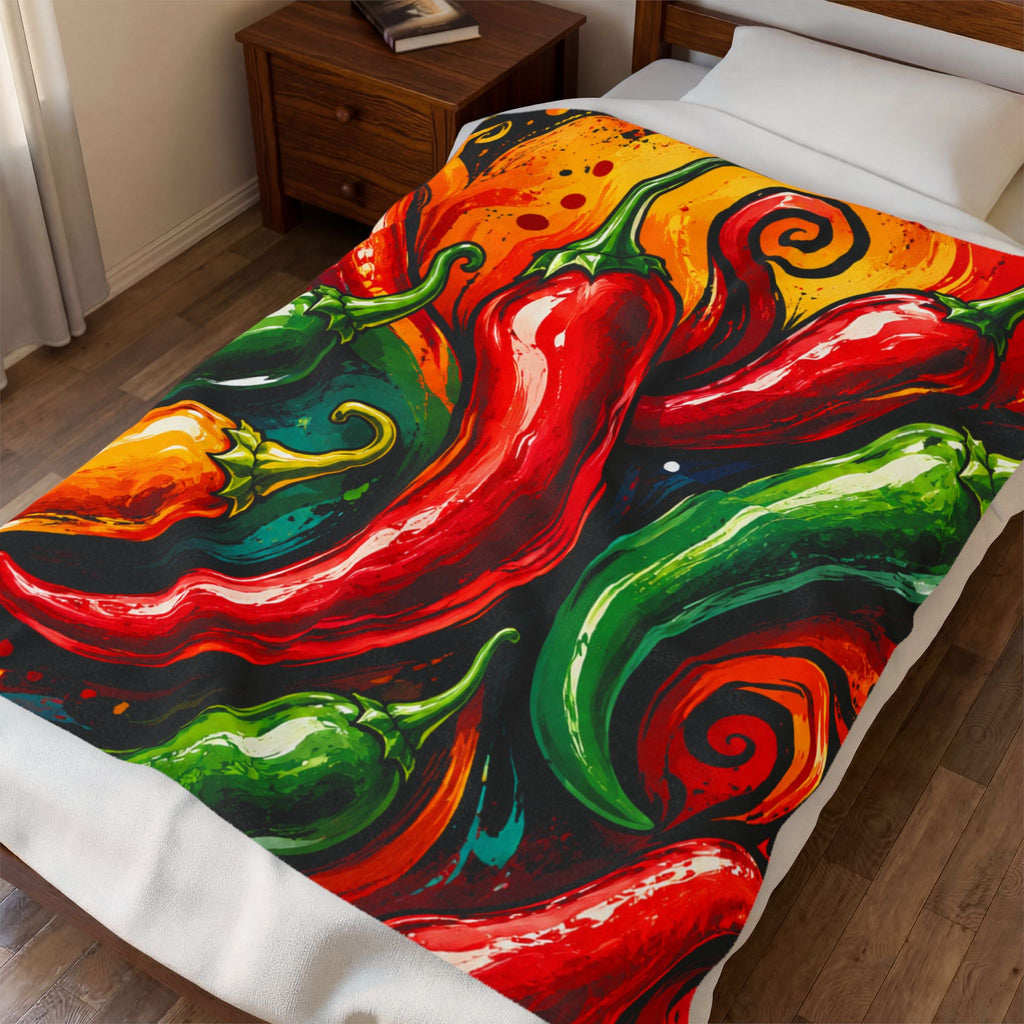 Spicy Chili Pepper Velveteen Plush Blanket – Vibrant Southwestern Pepper Print Throw