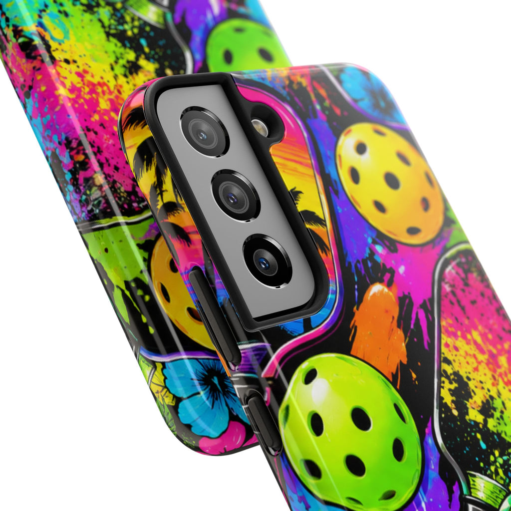 Pickleball Splash Tough Phone Case — Neon Paddle & Ball Protective Cover