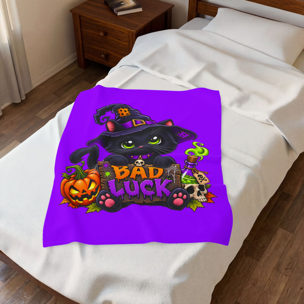 Halloween 'Bad Luck' Black Cat Plush Blanket - Soft Velveteen Throw