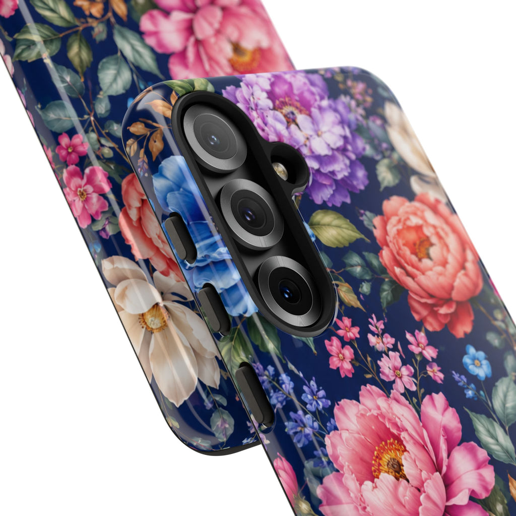 Floral Tough Phone Case – Vibrant Garden Flowers on Navy