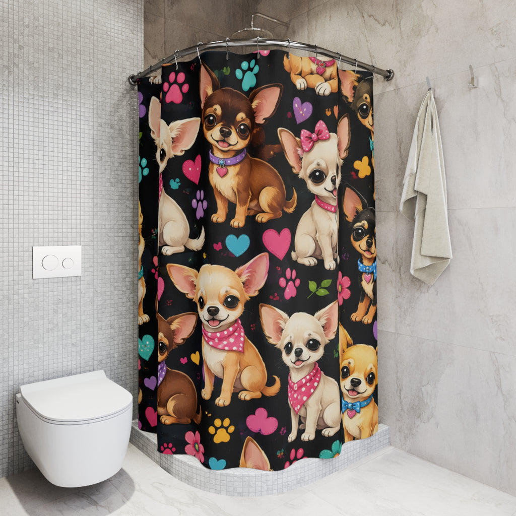 Cute Chihuahua Pattern Shower Curtain | Paw Prints Hearts Dog Illustration