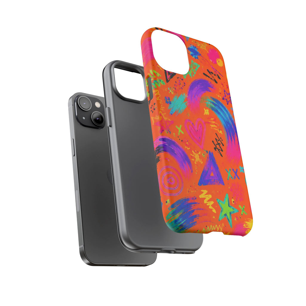 Colorful Neon Doodle Phone Case — Bright Abstract Stars & Hearts Tough Case