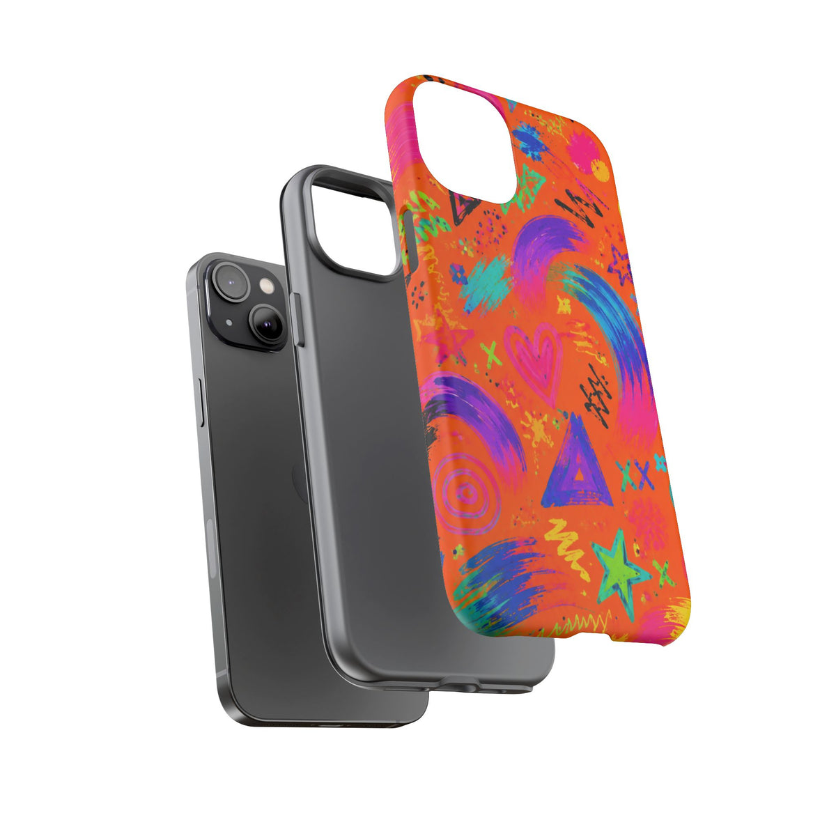 Colorful Neon Doodle Phone Case — Bright Abstract Stars & Hearts Tough Case