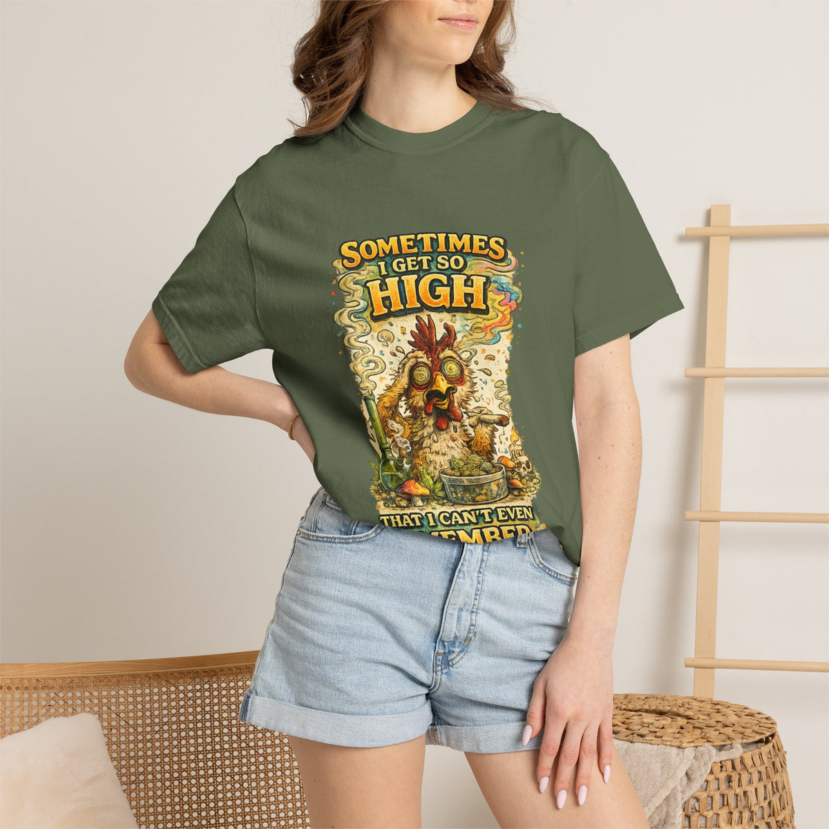 Sometimes I Get So High chicken illustration T-shirt | psychedelic farm design