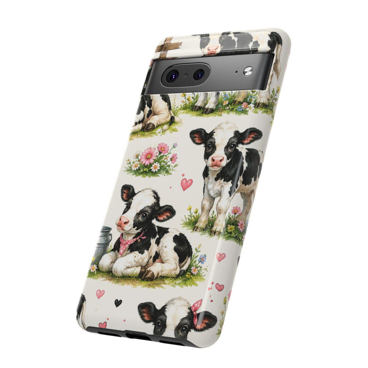 Cute Calf Pattern Phone Case – Pastel Cow Hearts & Flowers Protective Cover