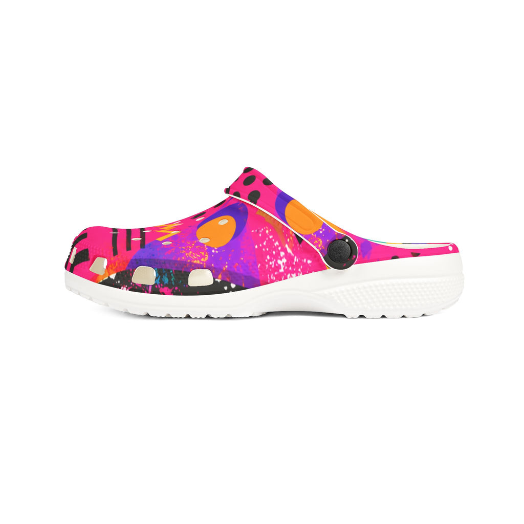 Retro Pink Pattern EVA Foam Clogs — Bold 90s Graphic Slip-On Shoes