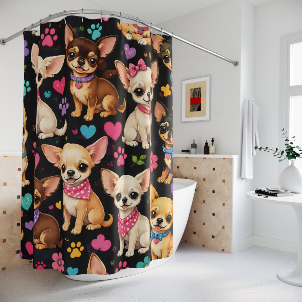Cute Chihuahua Pattern Shower Curtain | Paw Prints Hearts Dog Illustration