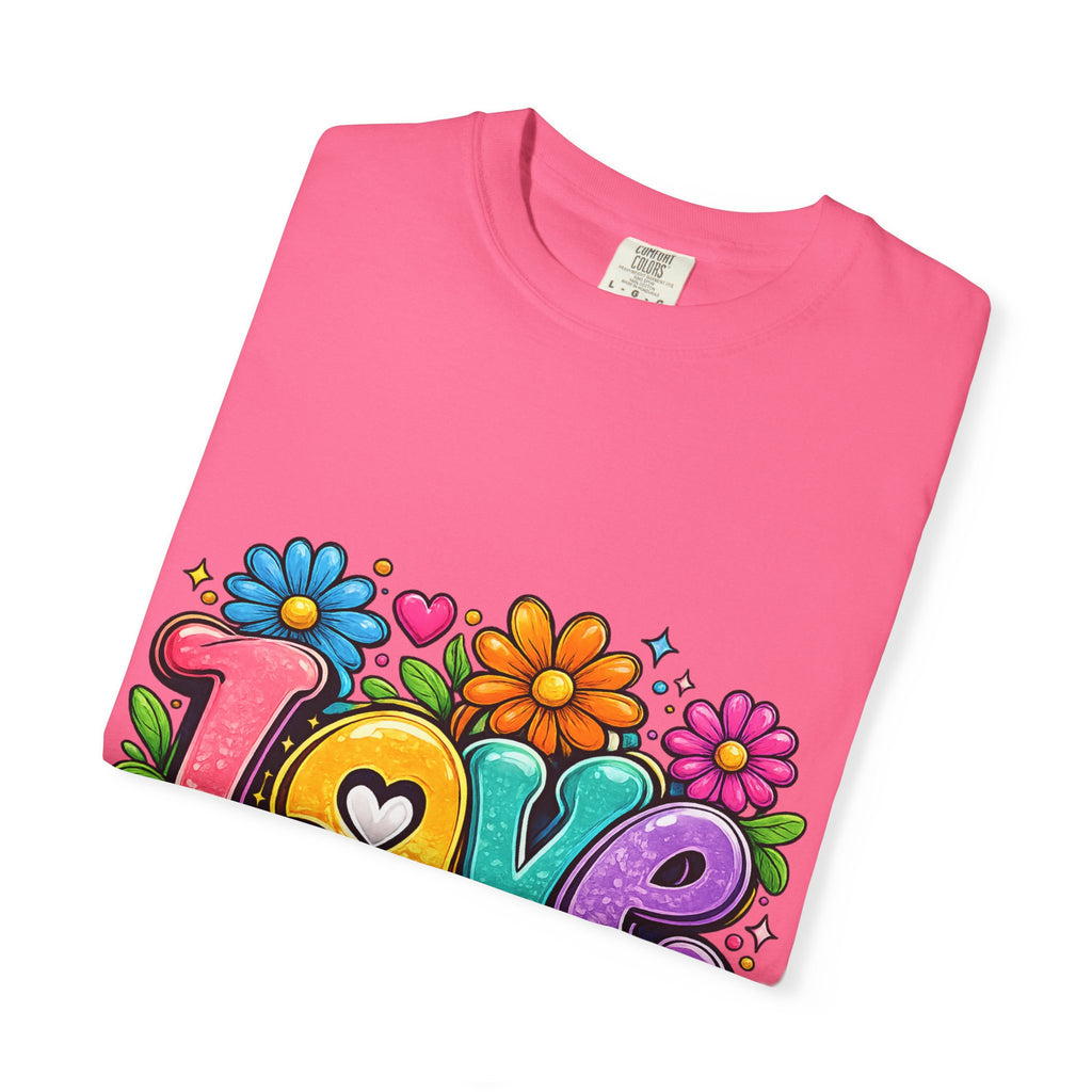 Retro Floral "Love" Design T-shirt | Colorful 70s Heart Typography