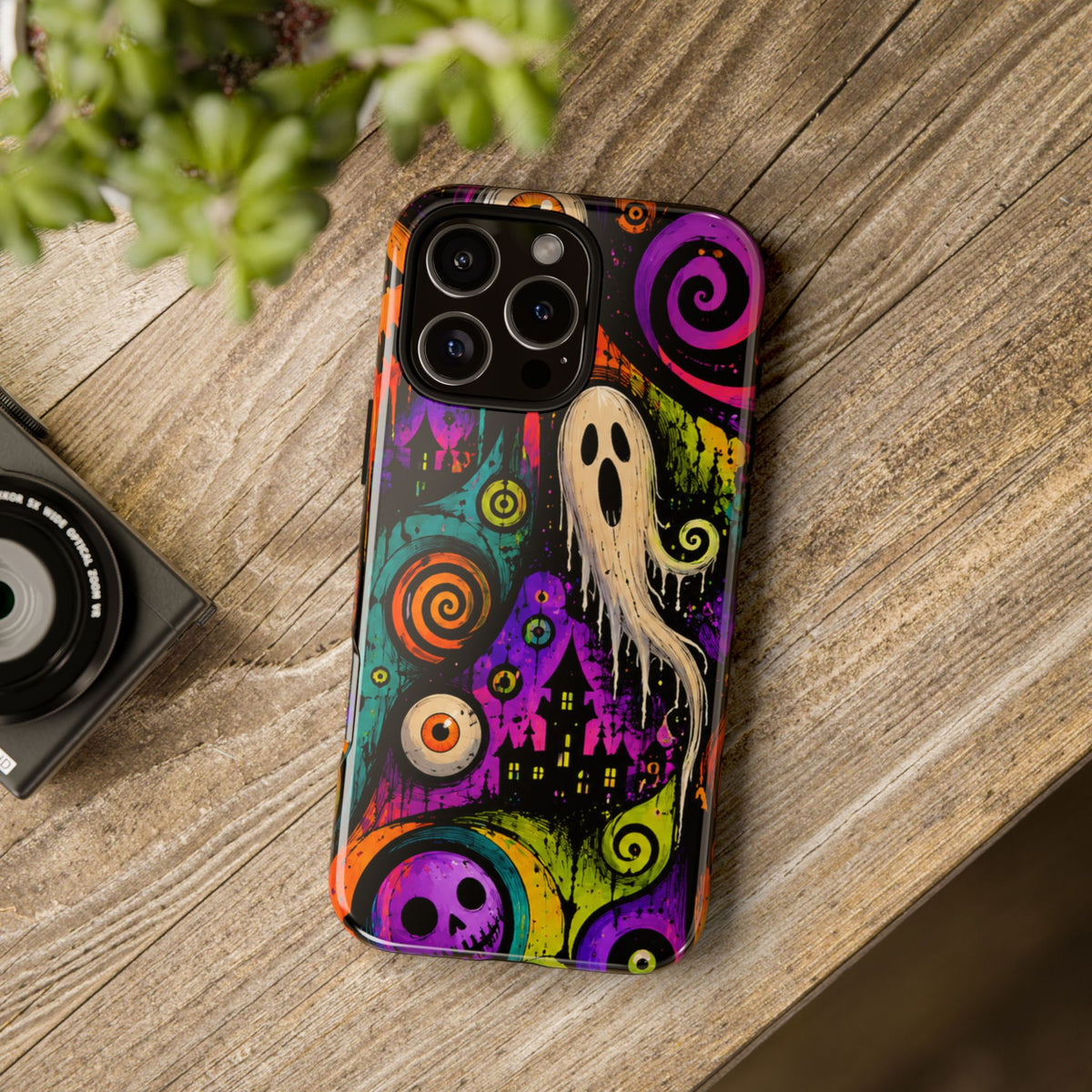 Halloween Ghost Phone Case — Colorful Spooky Skull & Haunted House Tough Case