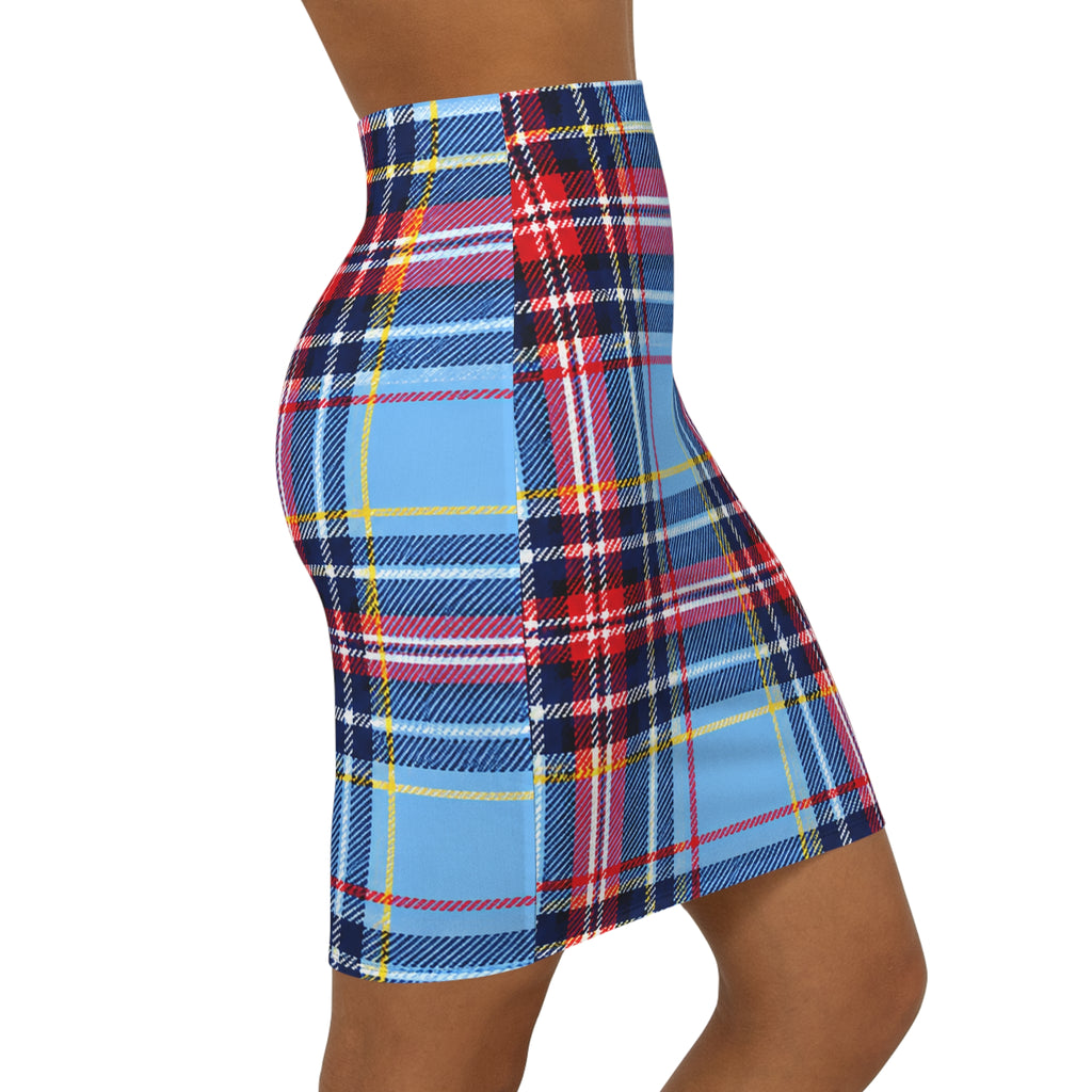 Blue Tartan Pencil Skirt — Plaid Mid-Rise Bodycon Skirt