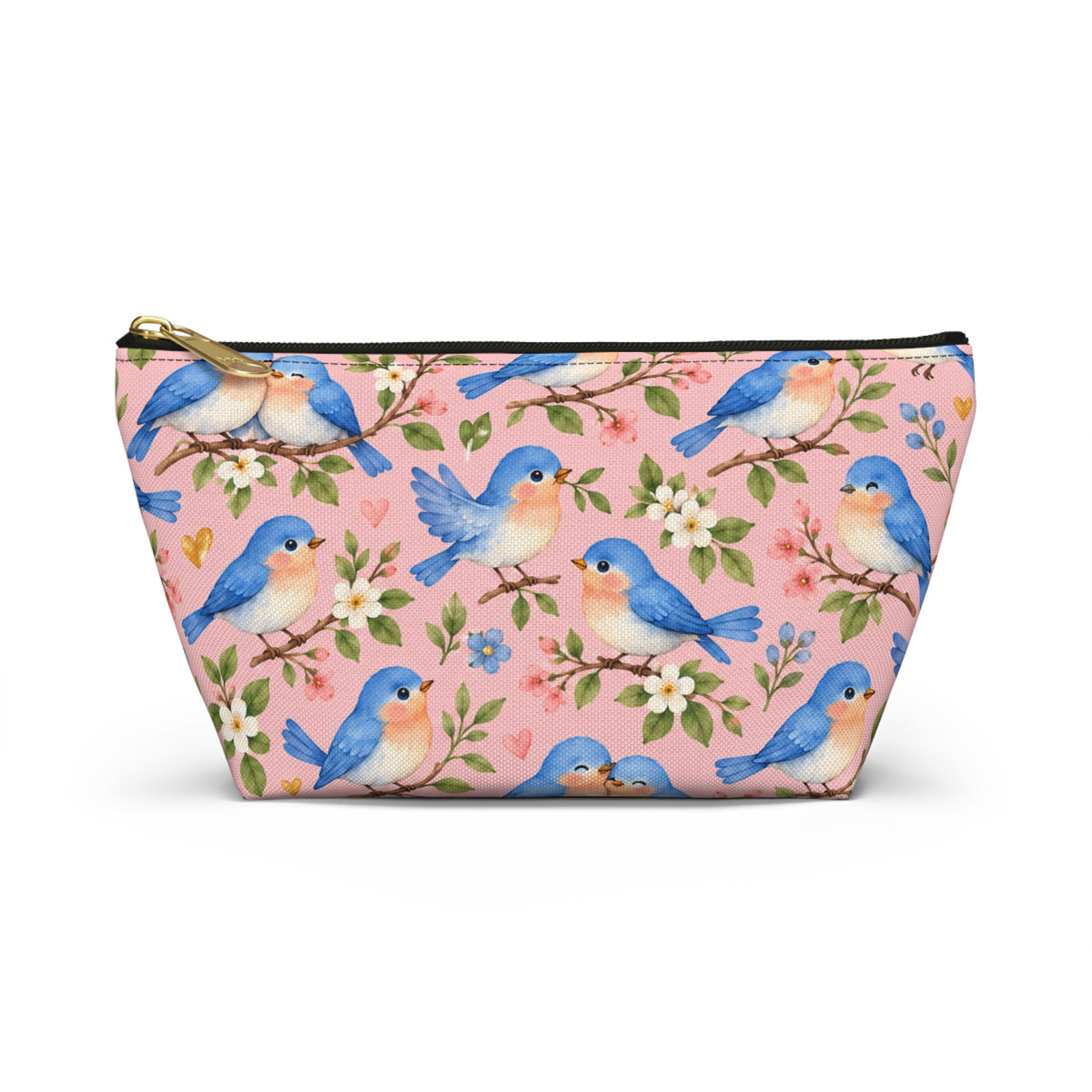 Bluebird Pattern Accessory Pouch | Pink Floral Zip Pouch