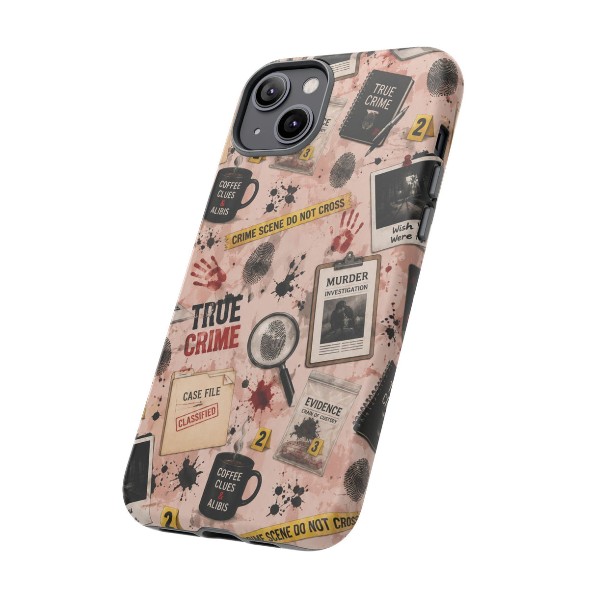 True Crime Pattern Phone Case – Detective Evidence, Crime Scene Tape & 'True Crime' Design