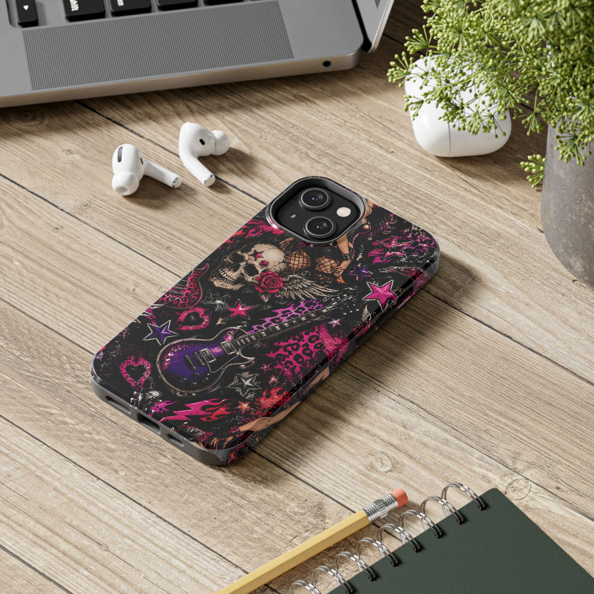 Rock Skull Guitar Phone Case — Edgy Pink Skull & Roses Tough Phone Case