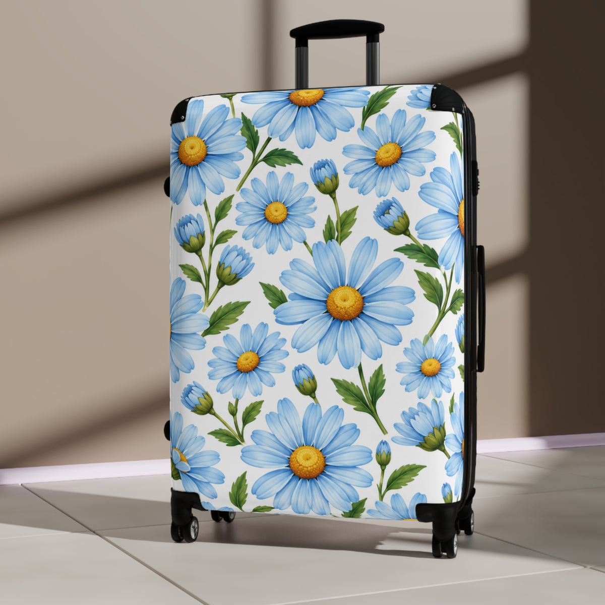 Blue Daisy Floral Suitcase – Lightweight Rolling Carry-On Travel Luggage