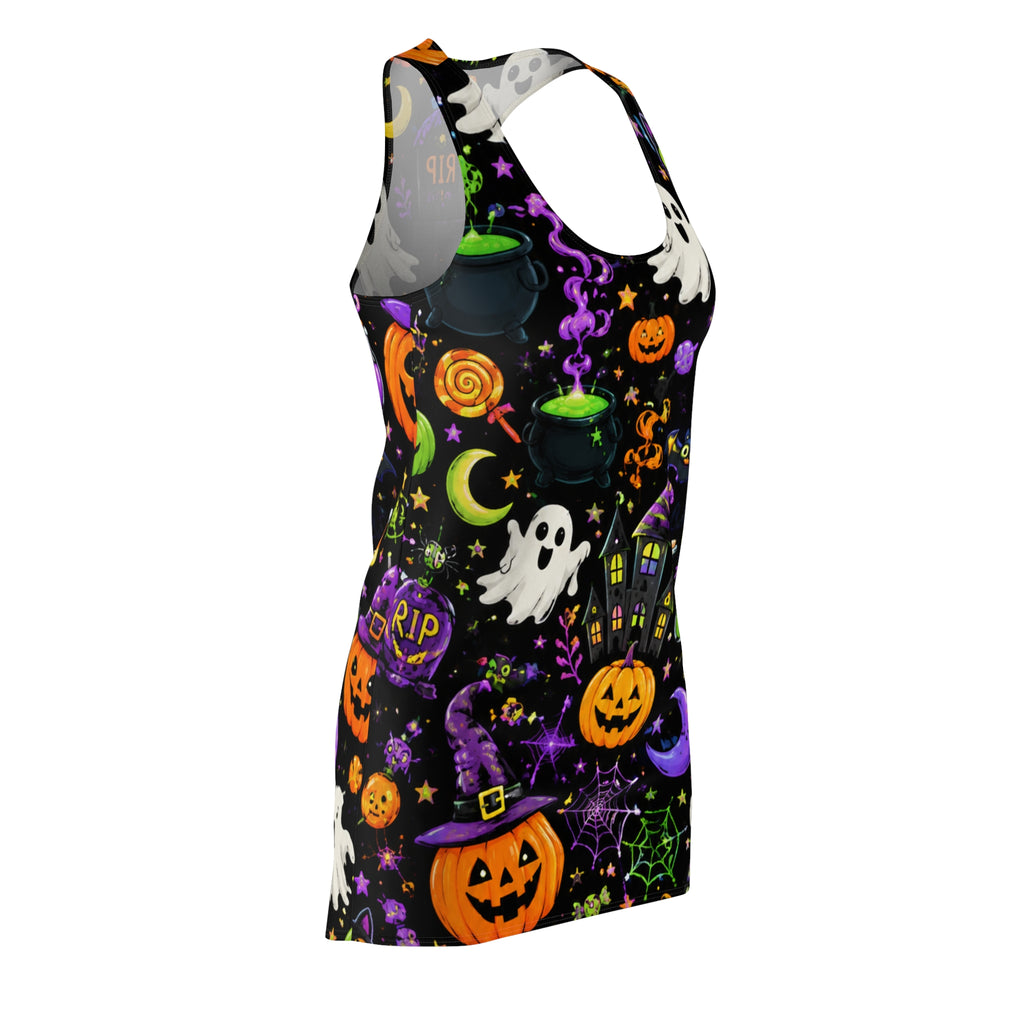 Halloween Allover Print Racerback Dress — Ghosts, Pumpkins & Spooky Night Pattern