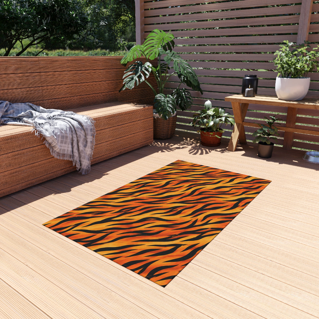 Tiger Stripe Outdoor Rug — Bold Orange Animal Print Patio Mat