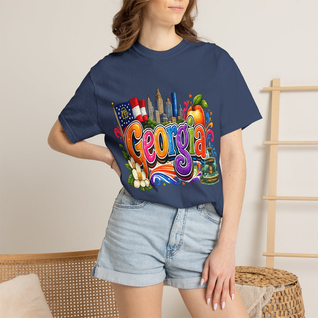 Georgia state illustration T-shirt | Atlanta skyline, peach, magnolia