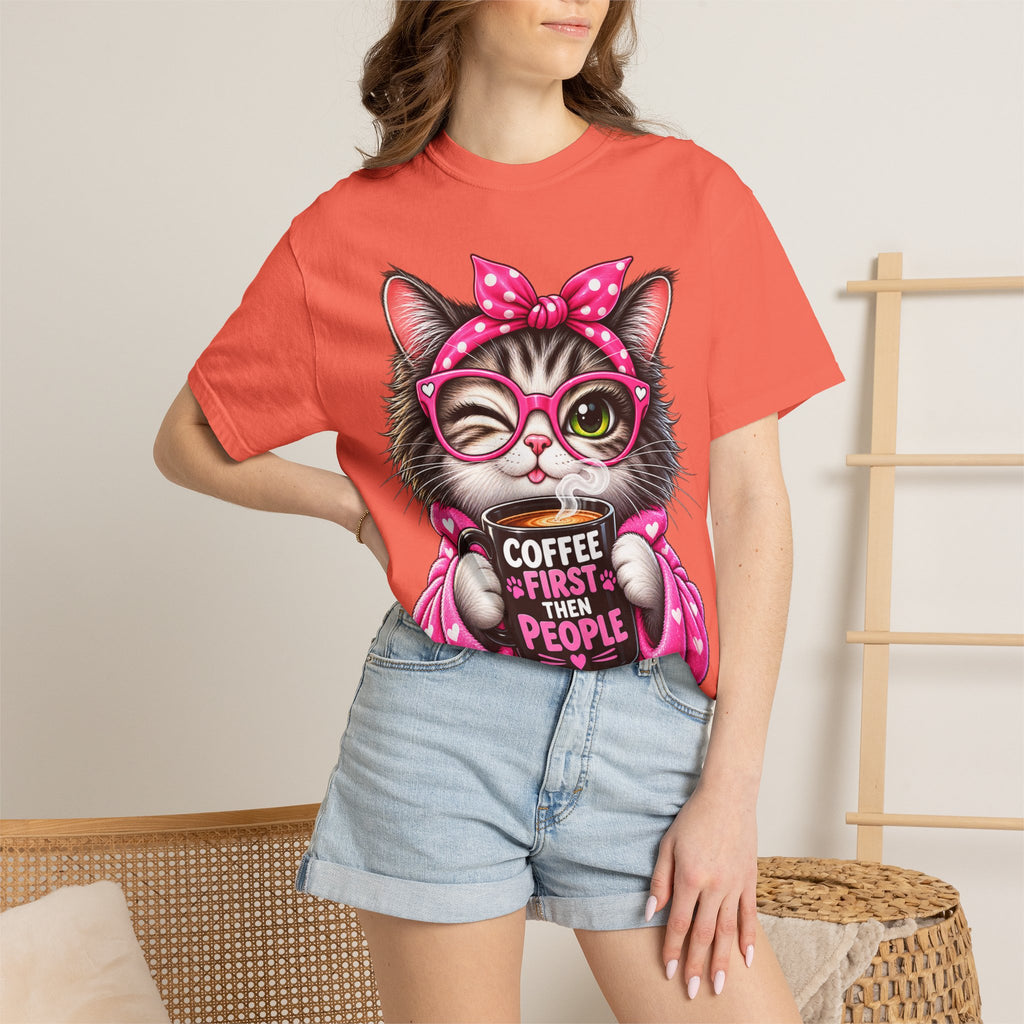 Cat Coffee Tee — "Coffee First Then People" Cute Cat Graphic T-Shirt