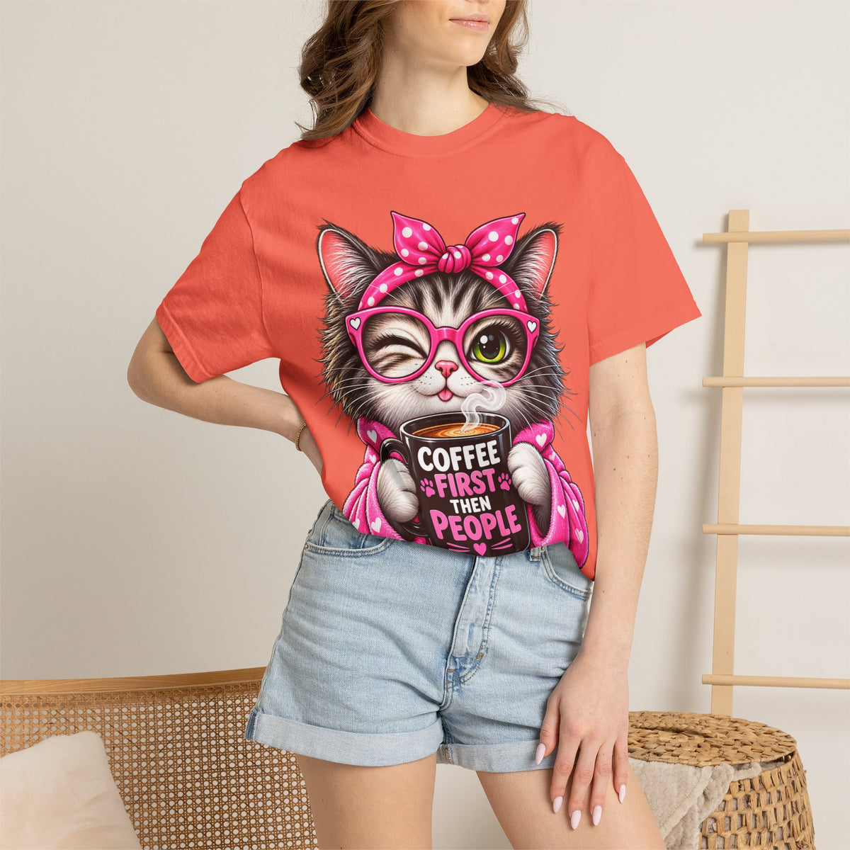 Cat Coffee Tee — "Coffee First Then People" Cute Cat Graphic T-Shirt