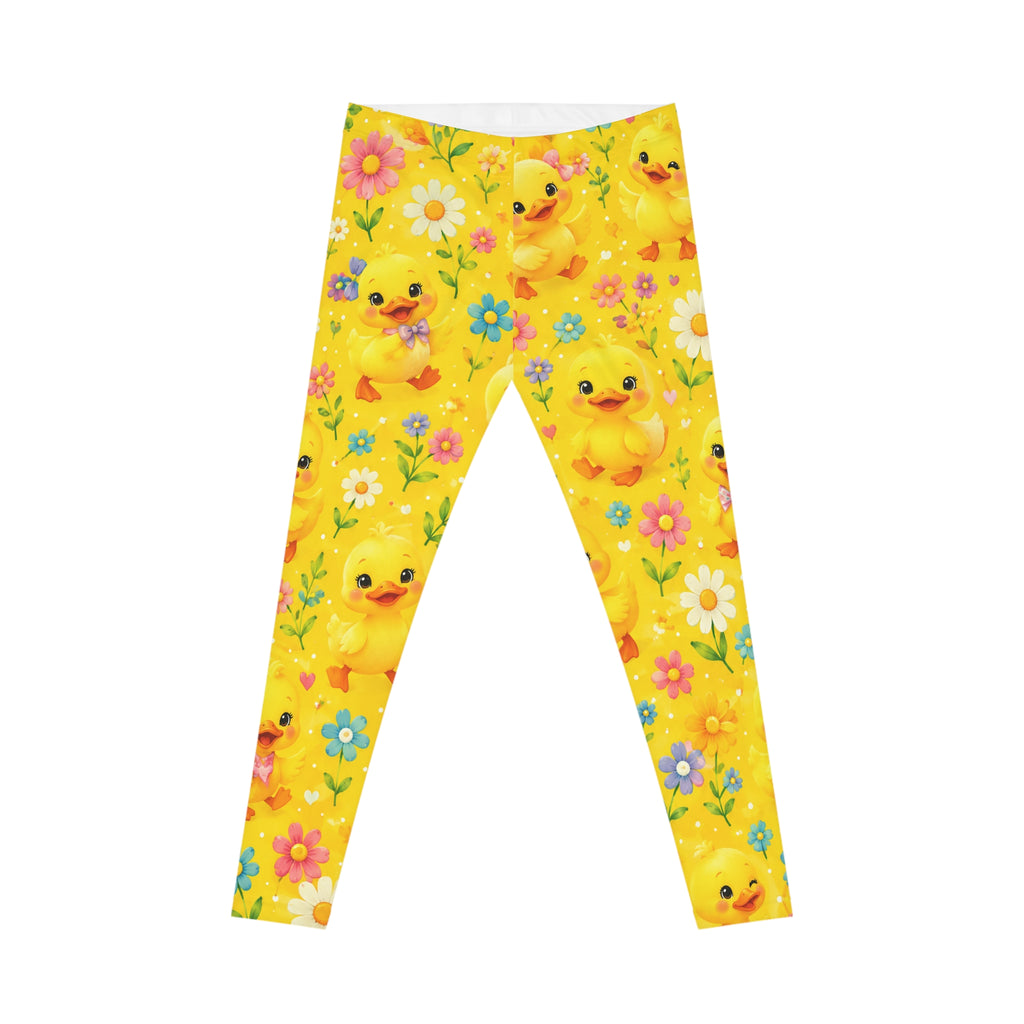Yellow Floral Duck Leggings — Cute Baby Duck Patterned Women's Leggings