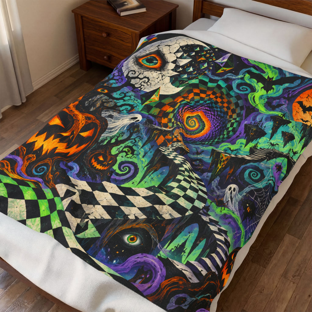 Halloween Psychedelic Plush Blanket - Spooky Pumpkin, Ghosts & Spiral Art Throw