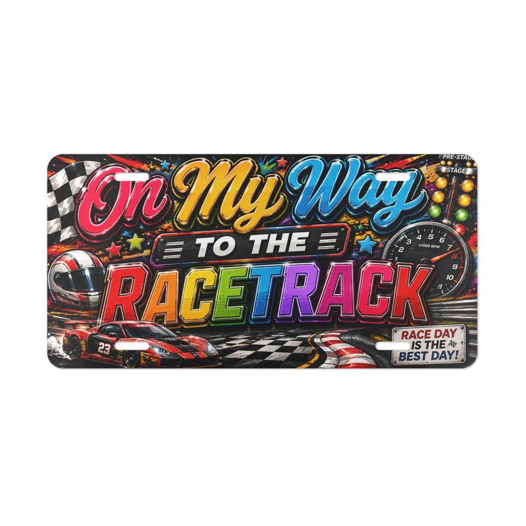 On My Way to the Racetrack Vanity Plate | Racing Helmet, Checkered Flag