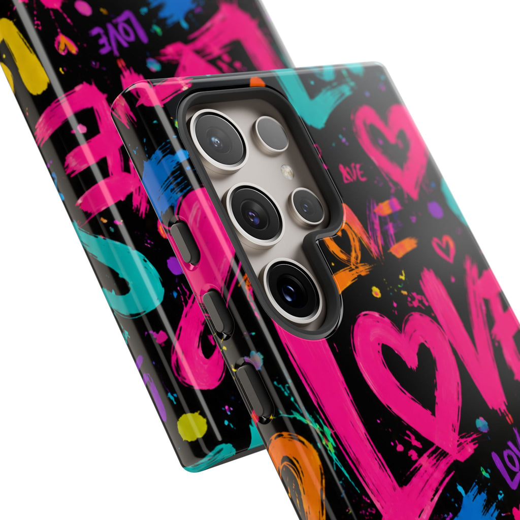 Phone Case — Neon Graffiti "Love" Hearts Protective Tough Case